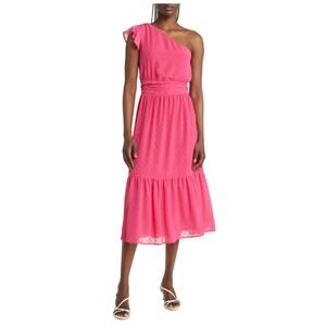 Chelsea28 Swiss Dot One-Shoulder Tiered Midi Dress Pink Rouge Size S Ruffle
